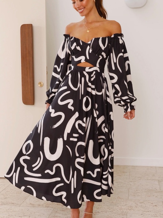 Billy J Dresses & Skirts - Off-Shoulder Black & White Patterned Maxi Dress with Side Slit